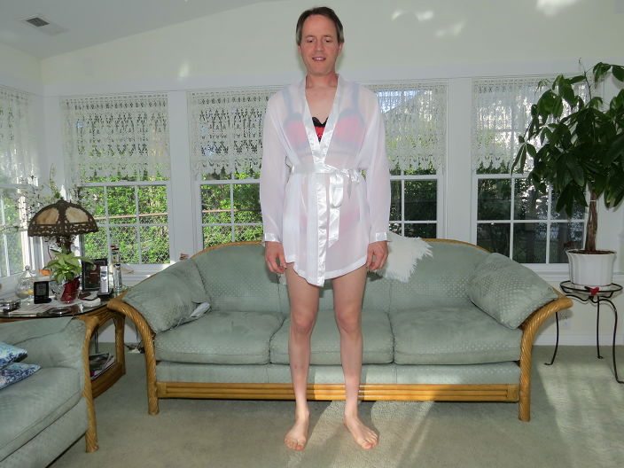 White sheer robe red bra and panties