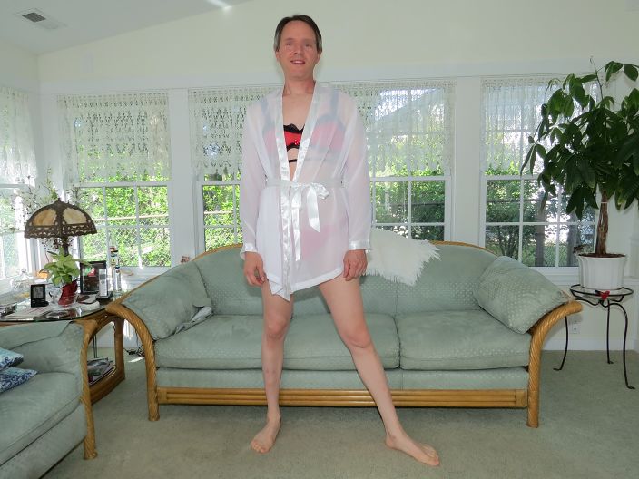 White sheer robe  red bra and panties